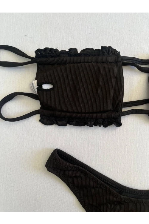 Kadın Siyah İp Bağlamalı Büzgülü Straplez Bikini Takım HZL25S-LC2226