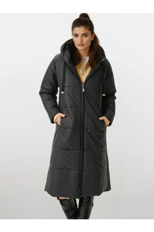 Kadın Siyah Kapşonlu Uzun Oversize Şişme Mont HZL22W-BD151201