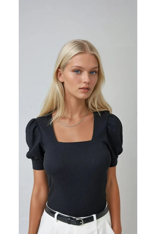 Kadın Siyah Kare Yaka Örme Bluz HZL22W-BD104091