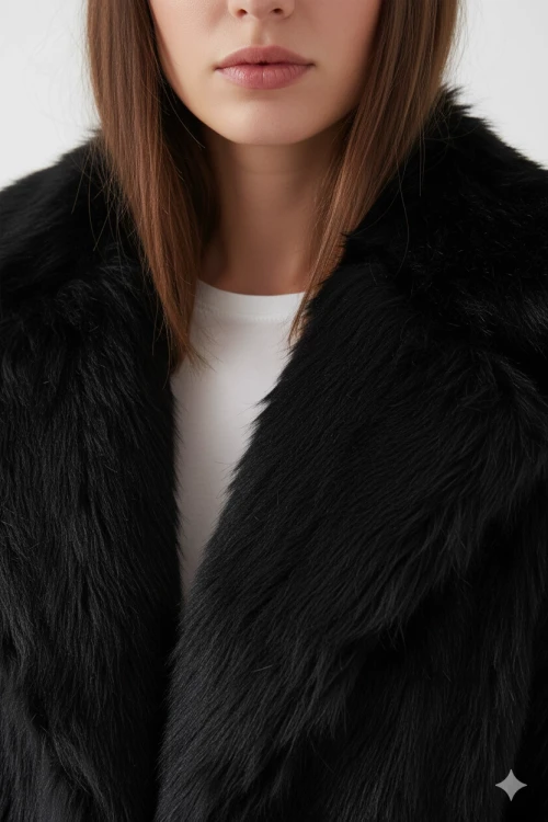 Kadın Siyah Kemer Detaylı Astarlı Peluş Kürk Mont HZL25W-BD191561