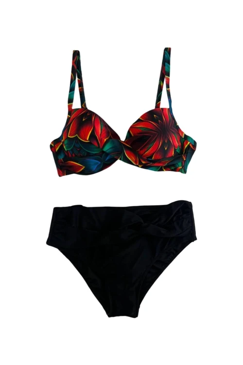 Kadın Siyah Kırmızı Çiçek Desenli Astarlı Büyük Beden Bikini Takımı HZL25S-LC24108