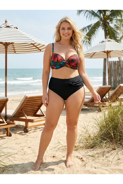 Kadın Siyah Kırmızı Çiçek Desenli Astarlı Büyük Beden Bikini Takımı HZL25S-LC24108