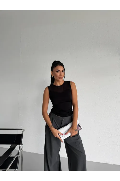 Kadın Siyah Kolsuz Likralı Tül Detay Sandy Bluz HZL26W-FRY123721