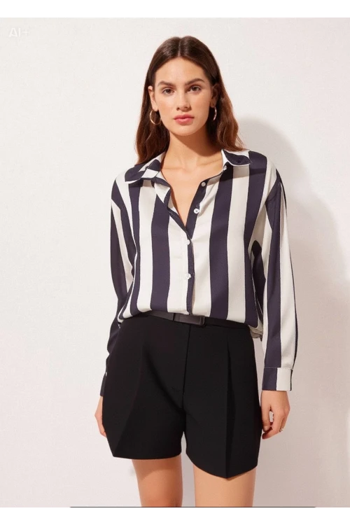 Kadın Siyah Krem Çizgili Saten Gömlek HZL23S-BD1201731