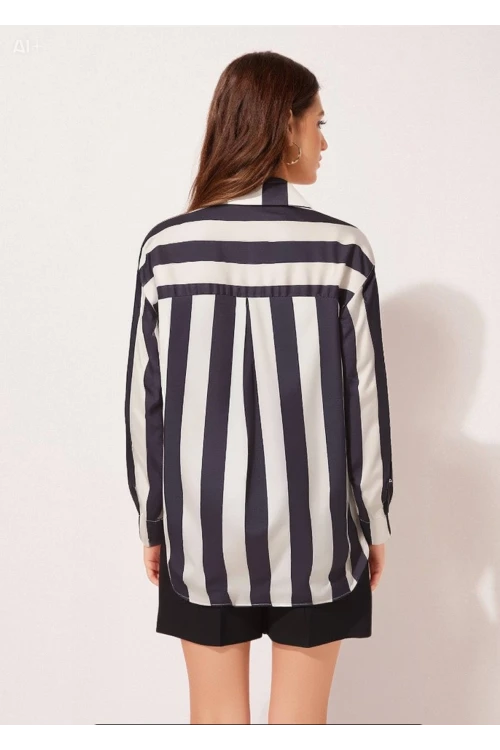Kadın Siyah Krem Çizgili Saten Gömlek HZL23S-BD1201731