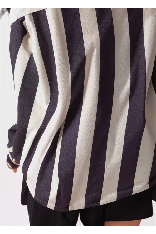 Kadın Siyah Krem Çizgili Saten Gömlek HZL23S-BD1201731