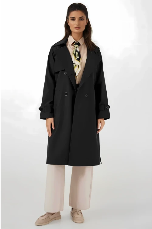 Kadın Siyah Kruvaze Yaka Kuşaklı Astarlı Trençkot HZL25W-BD159181