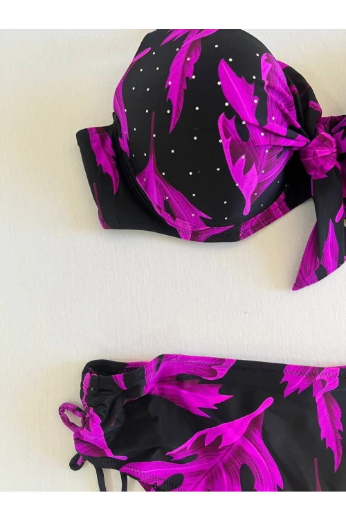 Kadın Siyah Mor Taş İşlemeli Büyük Beden Bikini Takım HZL25S-LC3337