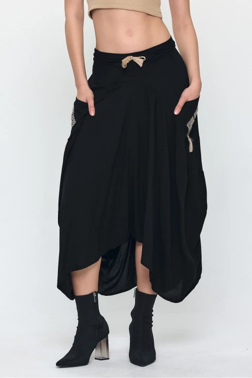 Kadın Siyah Nakış Detaylı Bağcıklı Şalvar Etek HZL25S-VM19001