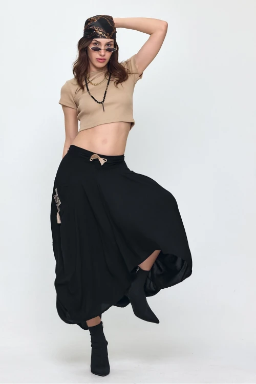 Kadın Siyah Nakış Detaylı Bağcıklı Şalvar Etek HZL25S-VM19001