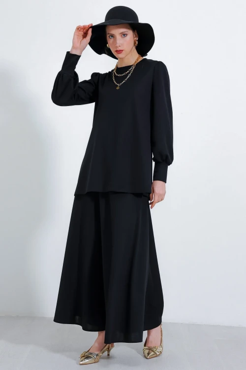 Kadın Siyah Örme Etek Tunik Alt Üst Takım HZL25S-BD180141