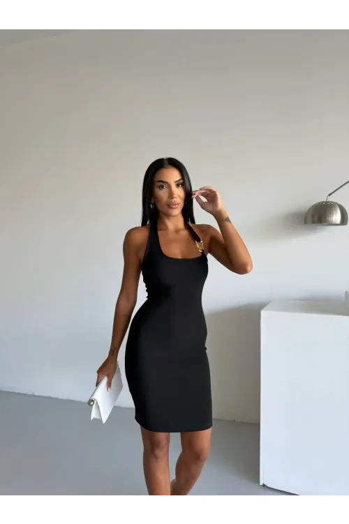 Kadın Siyah Ottoman Kumaş Halter Yaka Toka Detay Elbise HZL26W-FRY123411