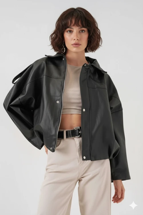 Kadın Siyah Oversize Fermuarlı ve Düğmeli Yandan Cepli Suni Deri Ceket HZL25W-BD110551