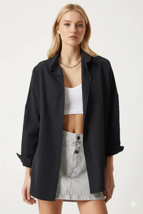 Kadın Siyah Oversize Uzun Basic Gömlek HZL22W-BD139001