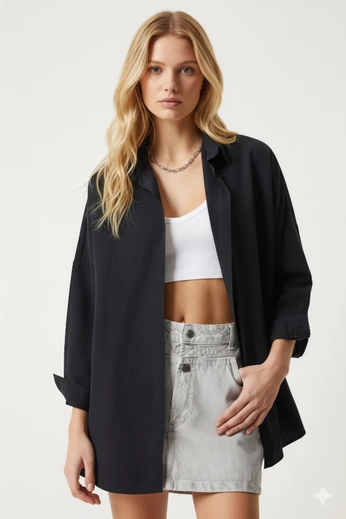 Kadın Siyah Oversize Uzun Basic Gömlek HZL22W-BD139001