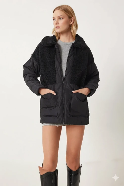 Kadın Siyah Peluş Detaylı İçi Astarlı Kapitone Şişme Mont HZL24W-BD151821