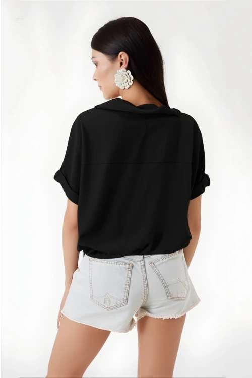 Kadın Siyah Polo Yaka Geniş Kesim Örme Bluz HZL24S-BD104861