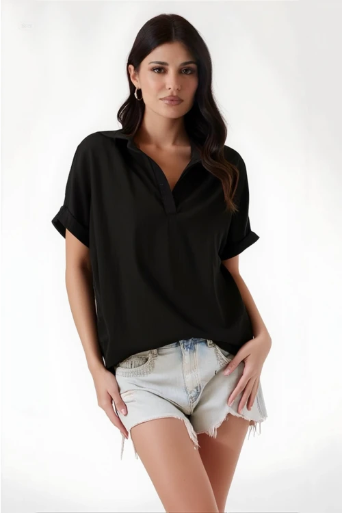 Kadın Siyah Polo Yaka Geniş Kesim Örme Bluz HZL24S-BD104861
