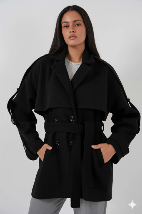 Kadın Siyah Premium Midi Boy Astarlı Kaşe Kaban HZL25W-BD191571