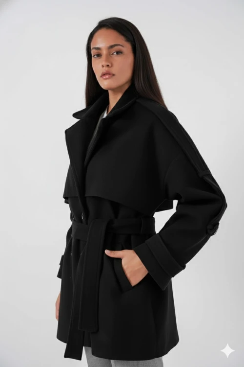 Kadın Siyah Premium Midi Boy Astarlı Kaşe Kaban HZL25W-BD191571