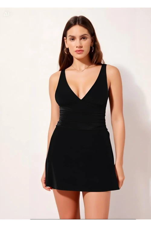 Kadın Siyah Sabit Askılı Çıkartılabilir Kap Büzgülü Eteklı Şortlu Elbise Mayo HZL24S-AR1906