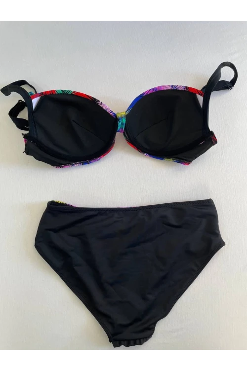 Kadın Siyah Sarı Kırmızı Çok Renk Desenli  Astarlı Büyük Beden Bikini Takımı HZL25S-LC06