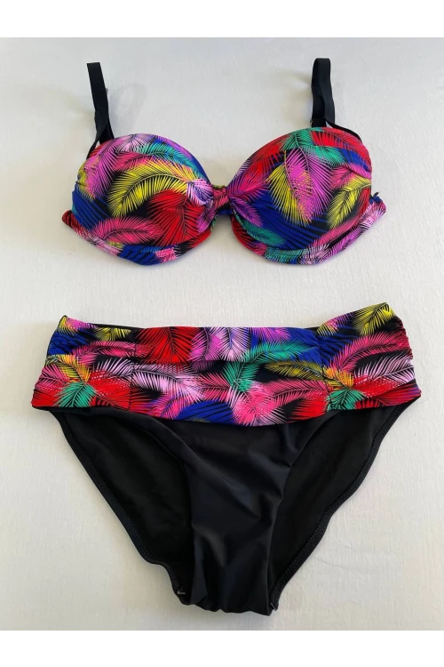 Kadın Siyah Sarı Kırmızı Çok Renk Desenli  Astarlı Büyük Beden Bikini Takımı HZL25S-LC06