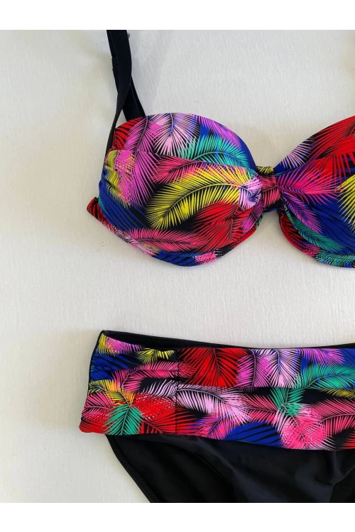Kadın Siyah Sarı Kırmızı Çok Renk Desenli  Astarlı Büyük Beden Bikini Takımı HZL25S-LC06