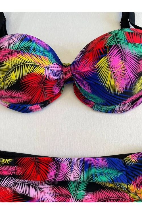 Kadın Siyah Sarı Kırmızı Çok Renk Desenli  Astarlı Büyük Beden Bikini Takımı HZL25S-LC06