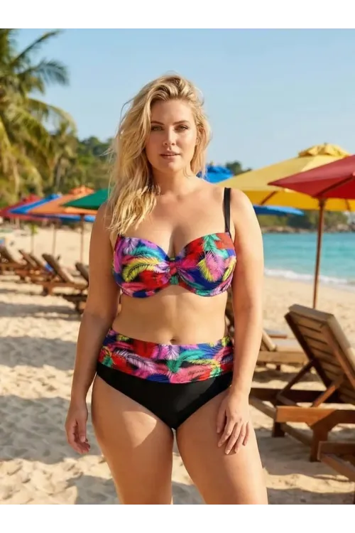 Kadın Siyah Sarı Kırmızı Çok Renk Desenli  Astarlı Büyük Beden Bikini Takımı HZL25S-LC06