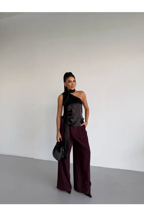 Kadın Siyah Saten Şal Yaka Boyun Bağlamalı Asimetrik Bluz HZL26W-FRY123731