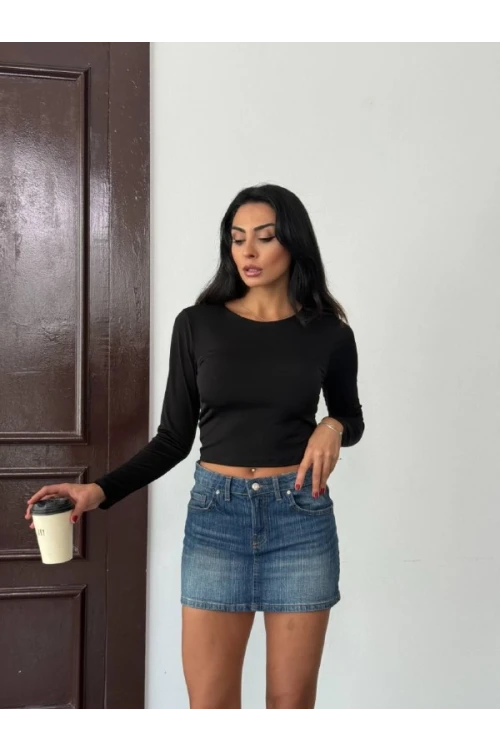 Kadın Siyah Sırt Dekolteli  Uzun Kollu Sandy Bluz HZL25W-FRY123381