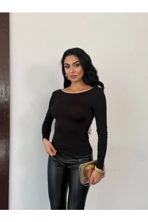 Kadın Siyah Sırtı Açık Fiyonk Bağlamalı Uzun Kol Bluz HZL25W-FRY123661