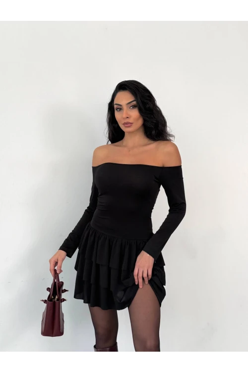 Kadın Siyah Straplez Yaka Kat Kat Etek Detaylı Mini Elbise HZL25W-FRY123581