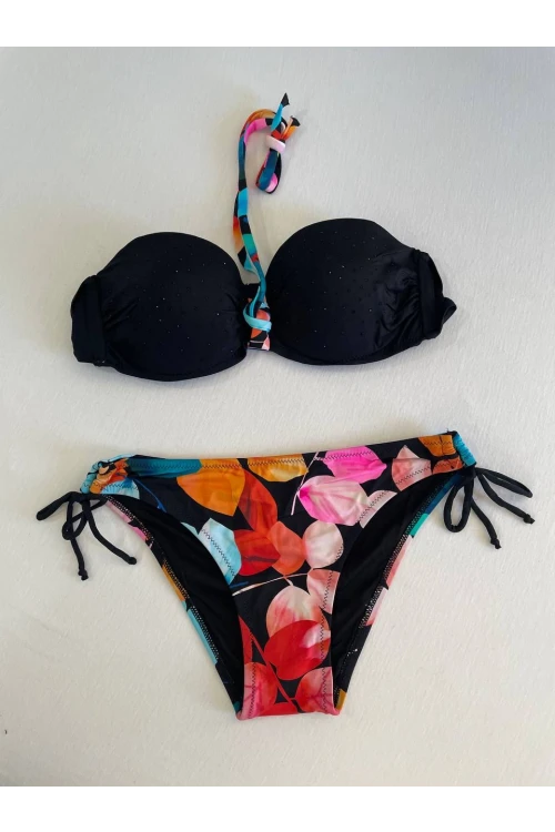 Kadın Siyah Taş İşlemeli Astarlı Bikini Takım HZL25S-LC207