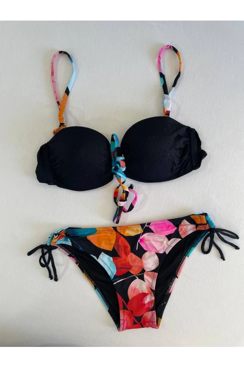 Kadın Siyah Taş İşlemeli Astarlı Bikini Takım HZL25S-LC207