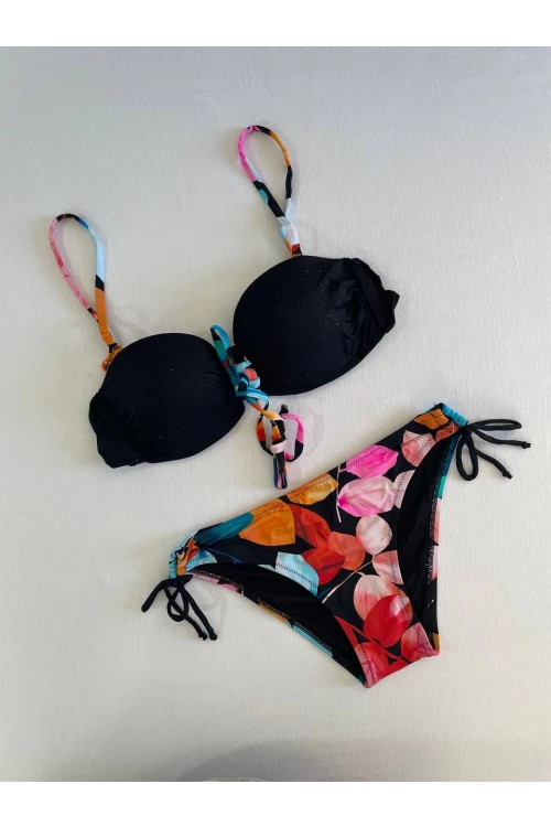 Kadın Siyah Taş İşlemeli Astarlı Bikini Takım HZL25S-LC207