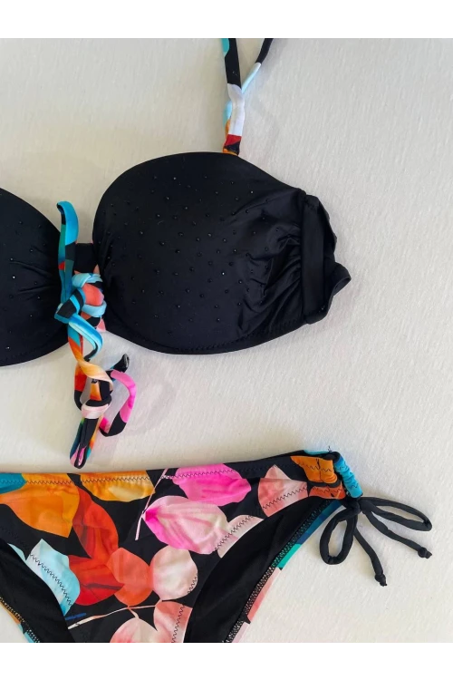 Kadın Siyah Taş İşlemeli Astarlı Bikini Takım HZL25S-LC207