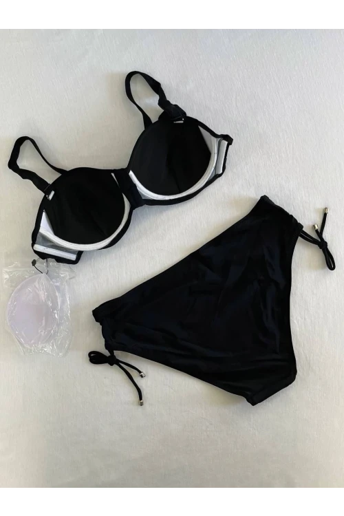 Kadın Siyah Taş İşlemeli Astarlı Bikini Takım HZL25S-LC3361