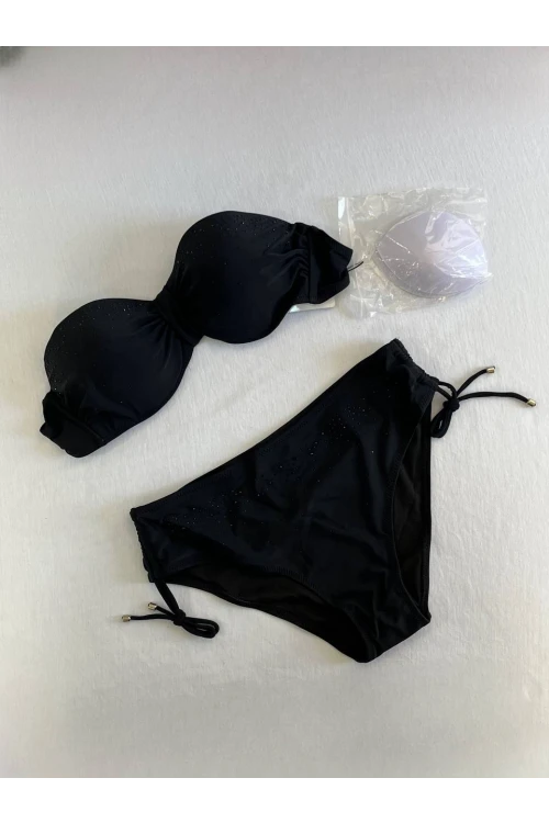 Kadın Siyah Taş İşlemeli Astarlı Bikini Takım HZL25S-LC3361