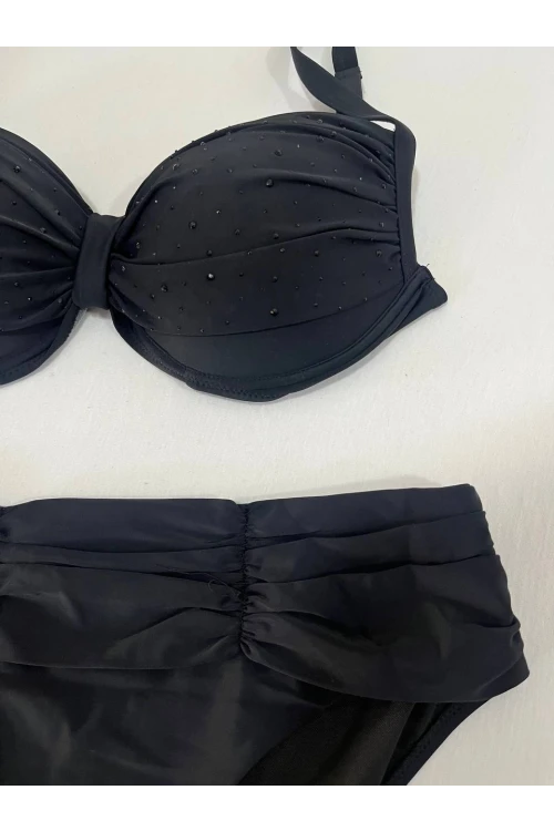 Kadın Siyah Taş İşlemeli Astarlı Büyük Beden Bikini Takımı HZL25S-LC01