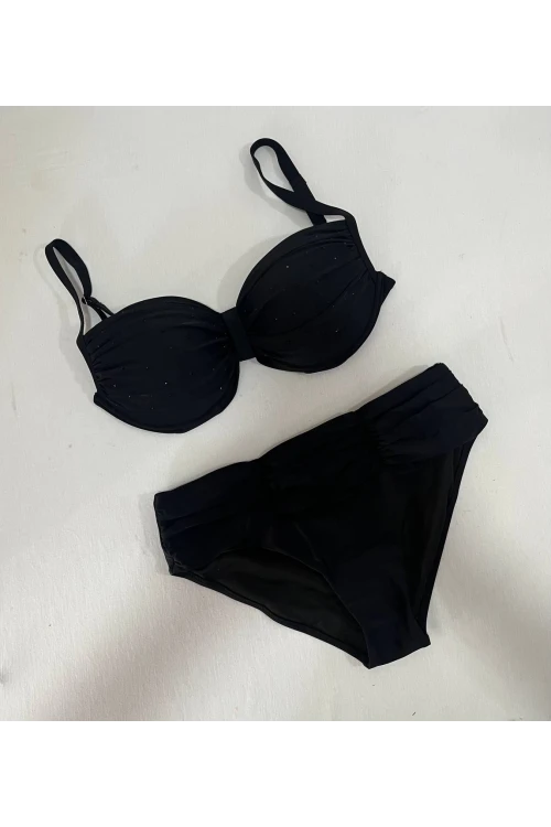 Kadın Siyah Taş İşlemeli Astarlı Büyük Beden Bikini Takımı HZL25S-LC01