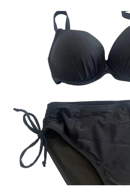 Kadın Siyah Taş İşlemeli Astarlı Büyük Beden Bikini Takımı HZL25S-LC2099