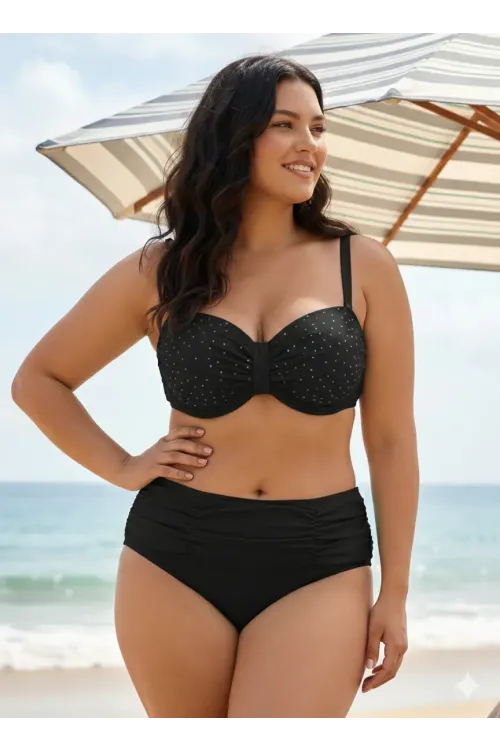 Kadın Siyah Taş İşlemeli Astarlı Büyük Beden Bikini Takımı HZL25S-LC01