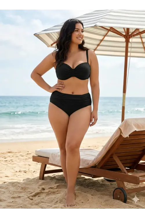 Kadın Siyah Taş İşlemeli Astarlı Büyük Beden Bikini Takımı HZL25S-LC01