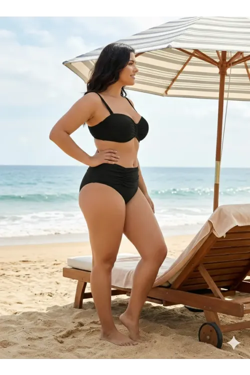 Kadın Siyah Taş İşlemeli Astarlı Büyük Beden Bikini Takımı HZL25S-LC01