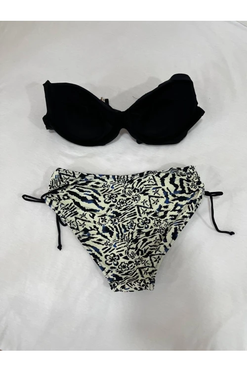 Kadın Siyah Taş İşlemeli Bej Desenli Astarlı Büyük Beden Bikini Takımı HZL25S-LC3351