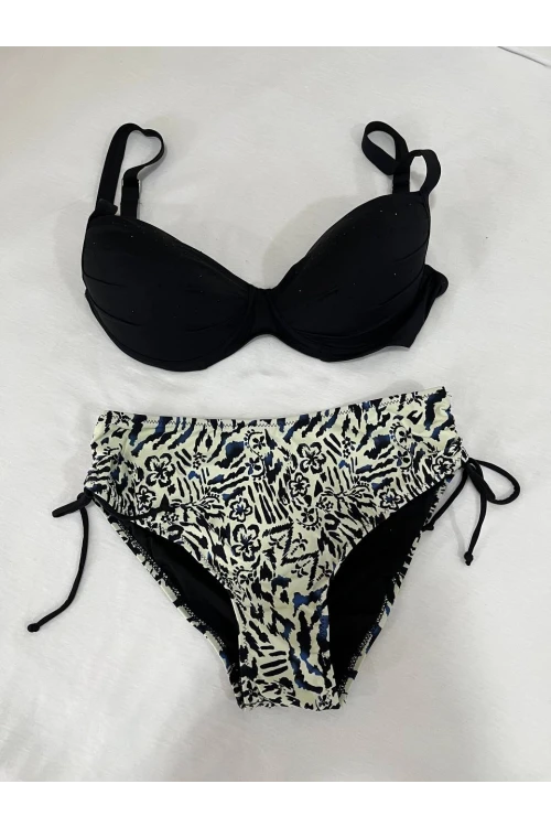 Kadın Siyah Taş İşlemeli Bej Desenli Astarlı Büyük Beden Bikini Takımı HZL25S-LC3351