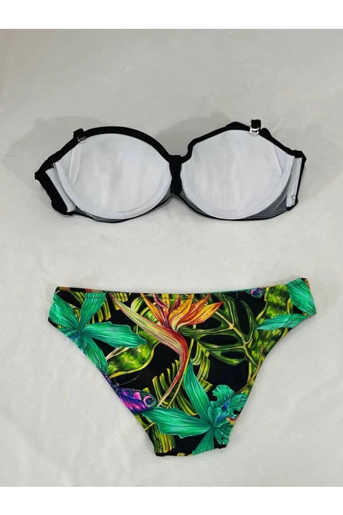 Kadın Siyah Taş İşlemeli Toka Aksesuarlı Astarlı Bikini Takım HZL25S-LC208