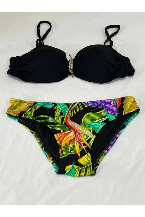 Kadın Siyah Taş İşlemeli Toka Aksesuarlı Astarlı Bikini Takım HZL25S-LC208